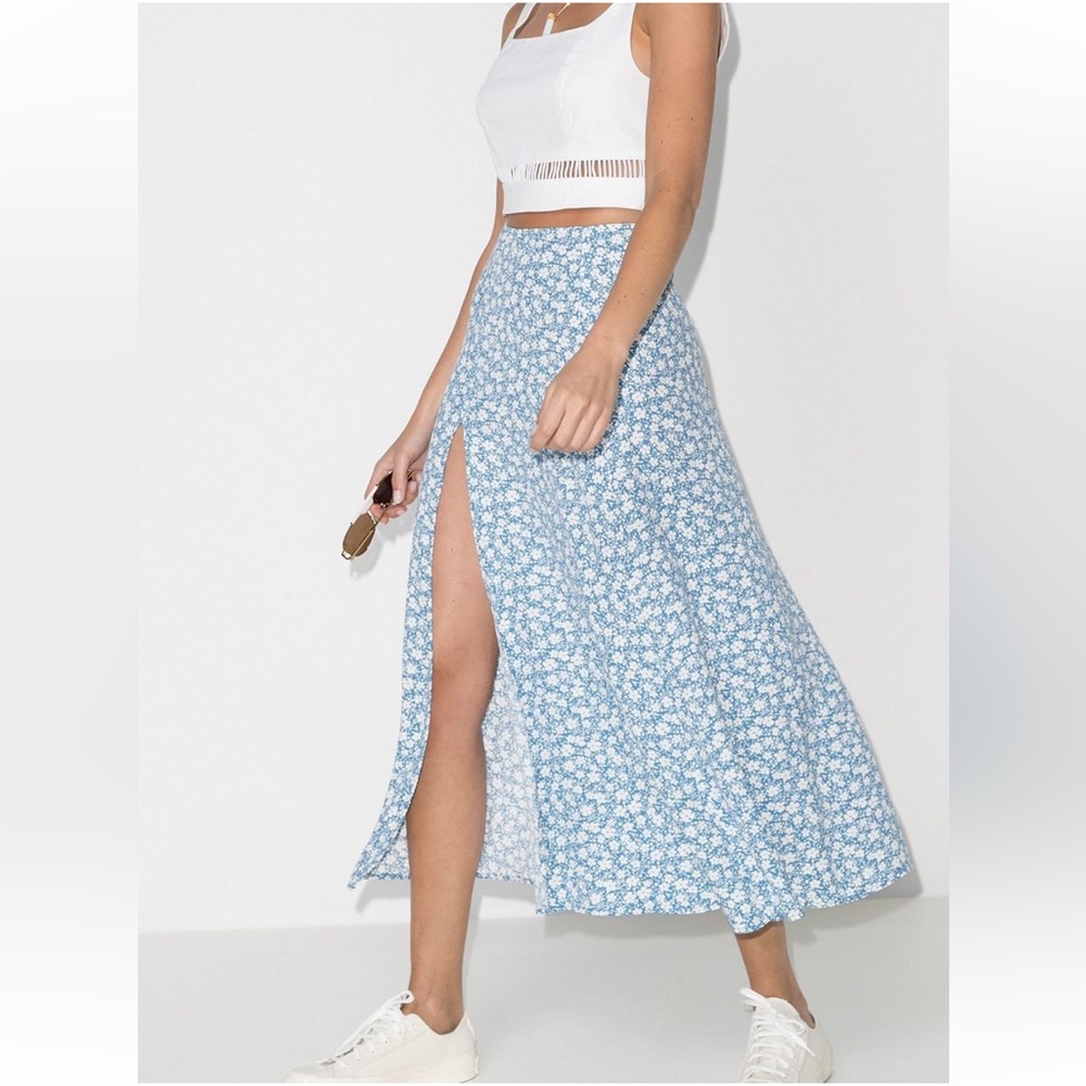 Reformation Blue Floral Skirt with Front Slit